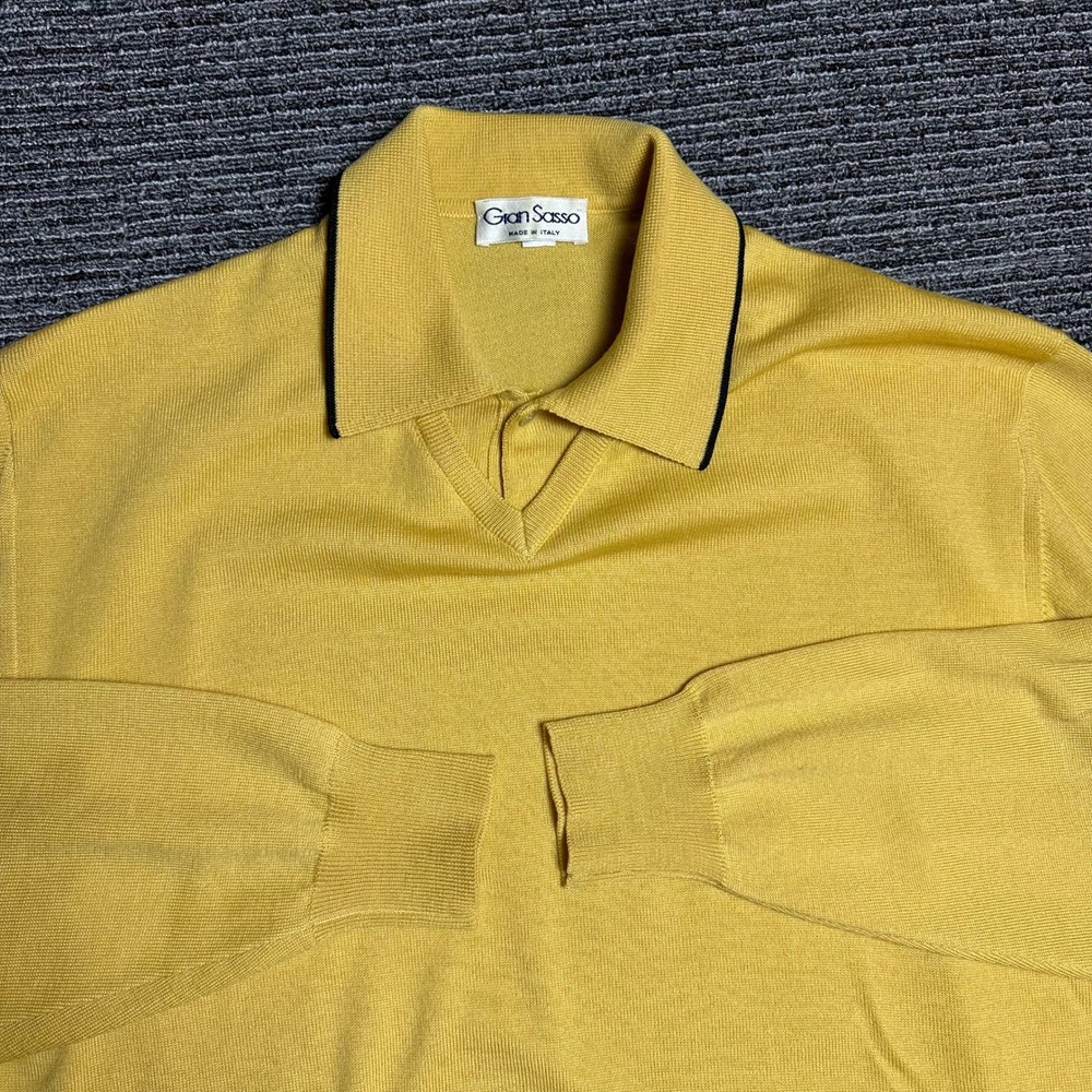 Gian Sasso Made in Italy Mustard Yellow Knit Long Sleeve Polo Shirt READ